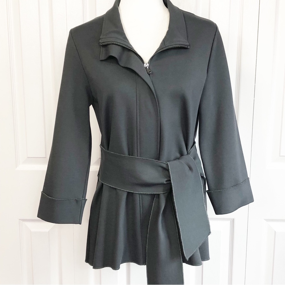 Luii Gray Ponte Knit Mockneck 3/4 Sleeve Belted Zip Jacket Small